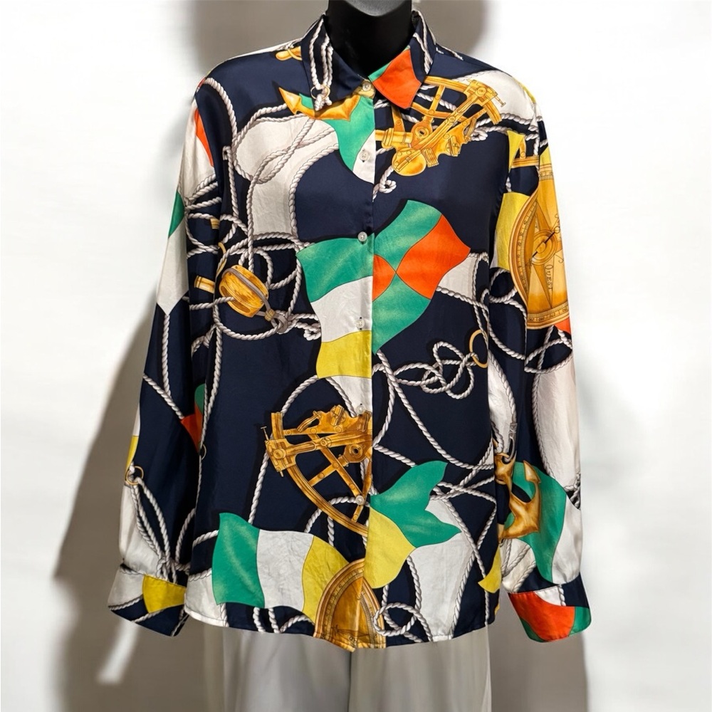Lauren Ralph Lauren Silk Vintage Nautical Print shirt size 14